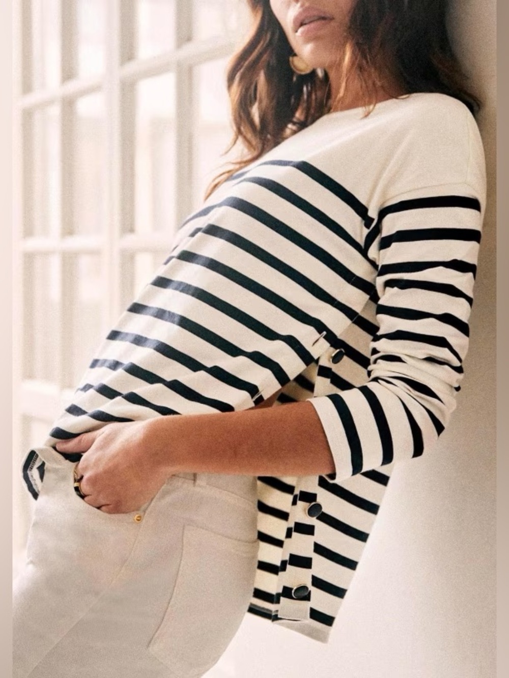 Sezane Cream and Black Striped Long-Sleeve Breton Top